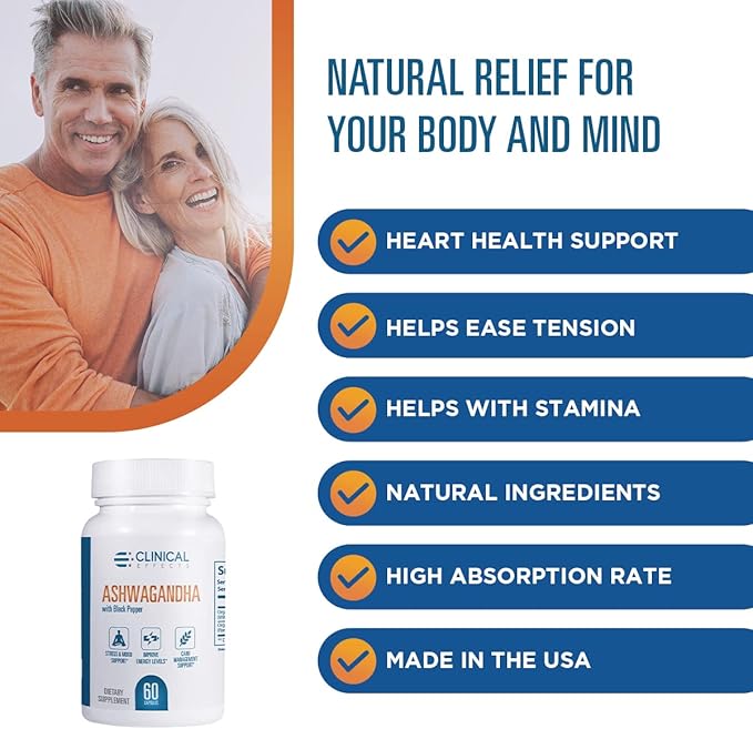 Clinical Effects Ashwagandha with Black Pepper for Stamina and Calm - 3 Pack, 180 Ashwagandha Capsules - Made in The USA