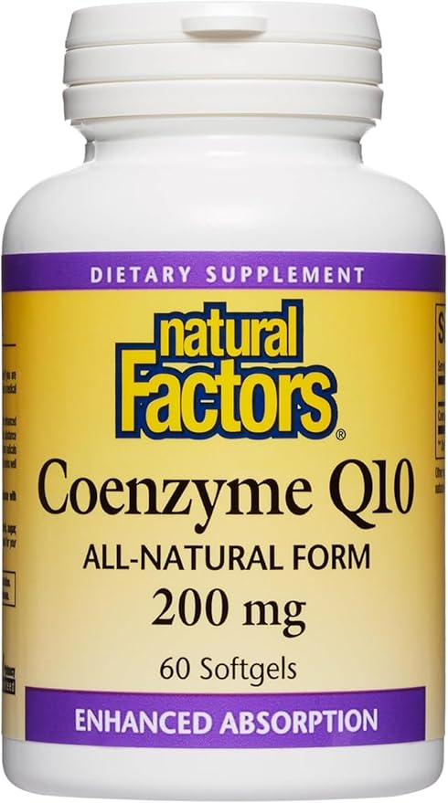 Natural Factors Coenzyme Q10 200 mg, Natural Coenzyme Q10 Supplement for Energy, Heart and Cognitive Support, 60 Softgels