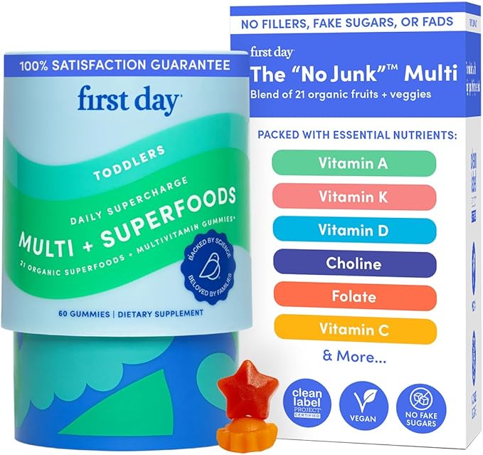 FIRST DAY Toddler Multivitamins Gummies for Kids & Toddlers Ages 2-3, Delicious Strawberry & Orange Toddler Vitamins Multivitamin with Choline, Vitamins A C D3 B1 B2 B6 B12 K2 Folate - 30 Day Supply