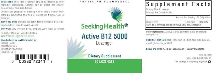 Seeking Health Active B12 5000, 5000 mcg B12 as Adenosylcobalamin and Methylcobalamin, Potent Formula Supports Healthy Metabolism, Methylation, Cognitive Health, Vegan and Vegetarian (60 lozenges)*