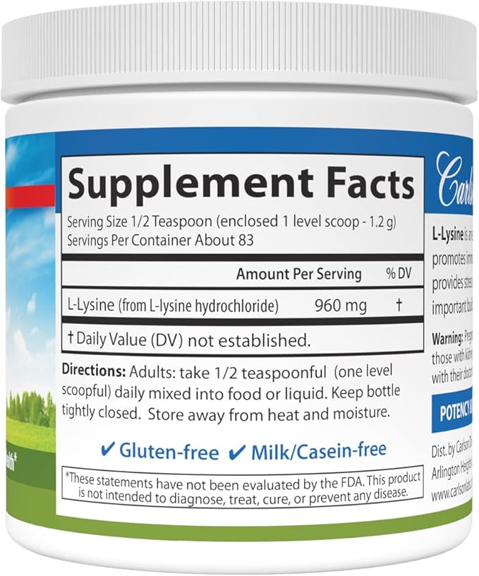 Carlson - L-Lysine Powder, Free-Form Amino Acid, 960 mg, Supports Healthy Tissue & Muscle Development, 3.53 oz (100 g)