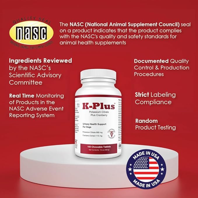 K-Plus Potassium Citrate Plus Cranberry Supplement for Dogs - UTI Remedy Chewable Tablets - Supports Bladder Health - For Every Dog Breed (100 Tabs)