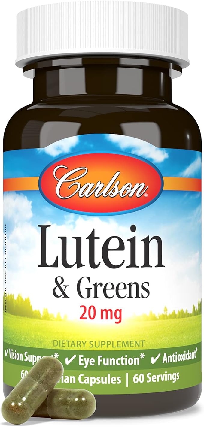 Carlson - Lutein & Greens, 20 mg, Vision Support & Eye Function, Antioxidant, 60 Vegetarian Capsules