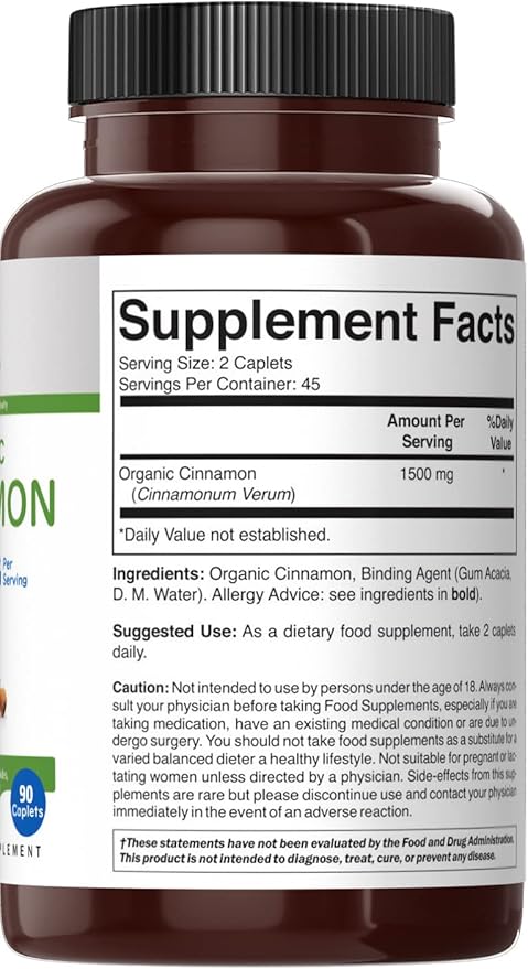 Brieofood Organic Cinnamon 1500mg, 45 Servings, Vegetarian, Gluten Free, 90 Vegetarian Tablets