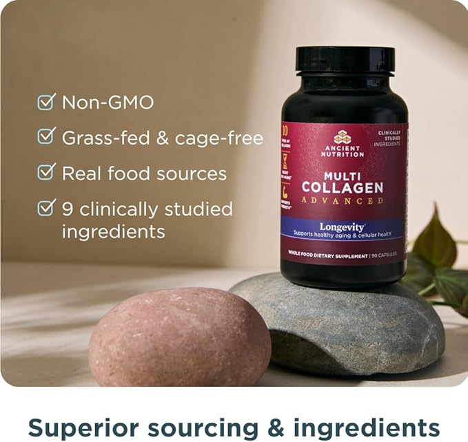 Ancient Nutrition Multi Collagen Advanced Longevity with Probiotics, Hydrolyzed Collagen Peptides Promotes Healthy Aging and Cellular Energy, 90 Count