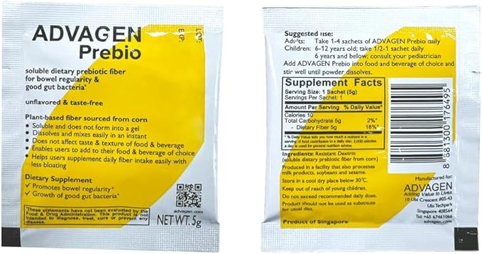 ADVAGEN-Prebio Fiber Supplement Powder Unflavored - Soluble Prebiotic Fiber Powder On The Go Packets, Supports Digestive Health, Bloating & Constipation for Women & Men, 30 Servings