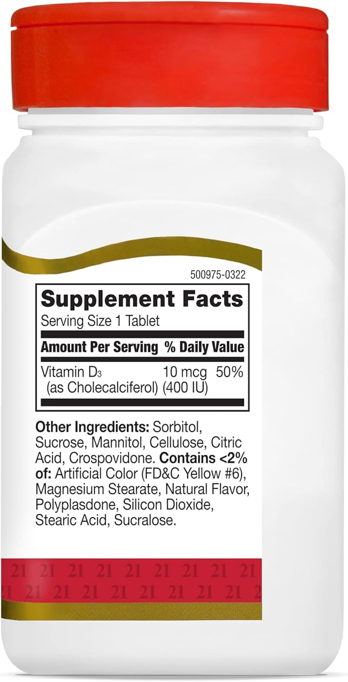 21st Century D3 400 IU Orange Chewable Tablets, Gluten Free, 110 Count (Pack of 3)