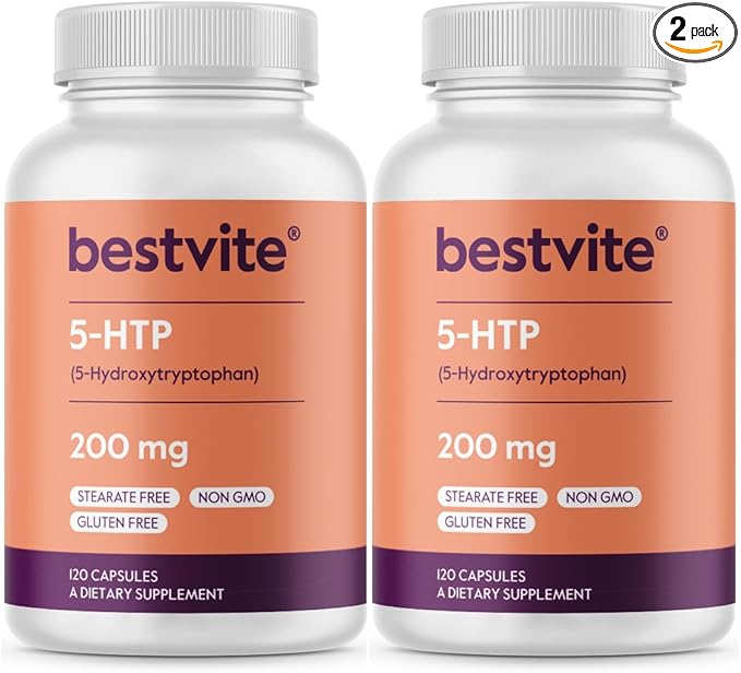 BESTVITE 5-HTP 200mg per Capsule (240 Capsules) (120 x 2) - No Stearates or Flow Agents - Gluten Free - Non GMO