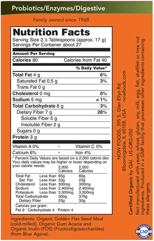 NOW Foods Supplements, Fiber-3, Certified Organic, Non-GMO Project Verified, Psyllium Free, with Organic Golden Flax Meal, Acacia & Inulin, 16-Ounce