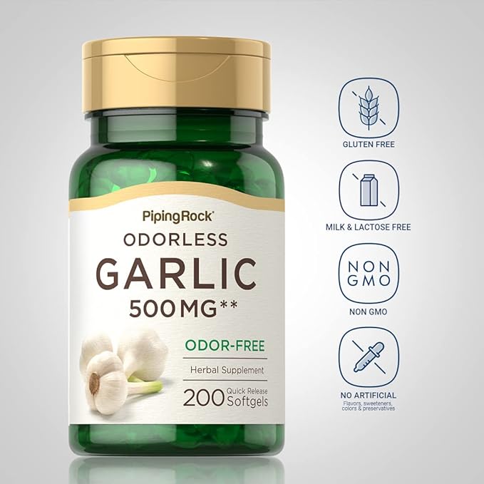Piping Rock Odorless Garlic Softgels | 500mg | 200 Pills | Herbal Extract Supplement | Odor-Free, Non-GMO, Gluten Free