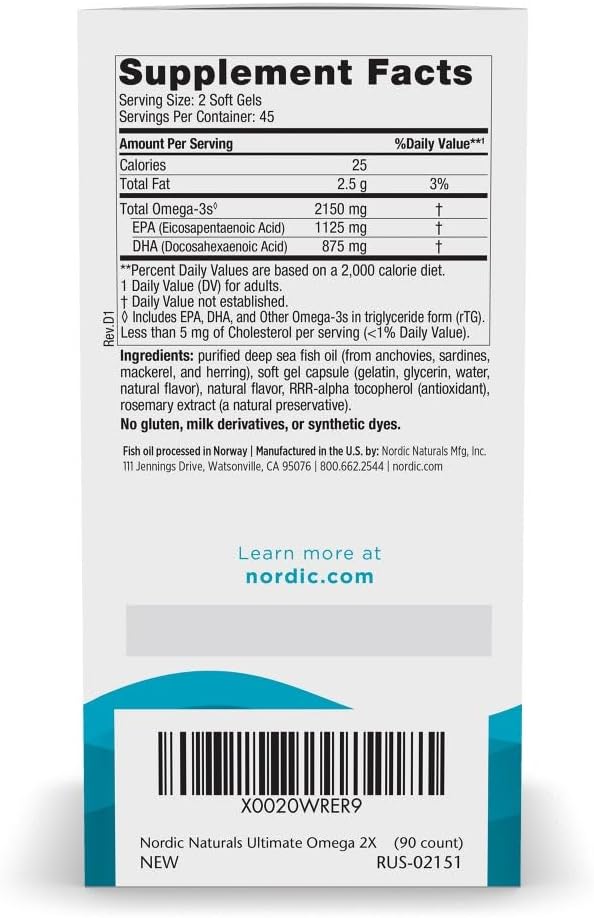 Nordic Naturals Ultimate Omega 2X, Lemon Flavor - 90 Soft Gels - 2150 mg Omega- High-Potency Omega-3 Fish Oil with EPA & DHA - Promotes Brain & Heart Health - Non-GMO - 45 Servings