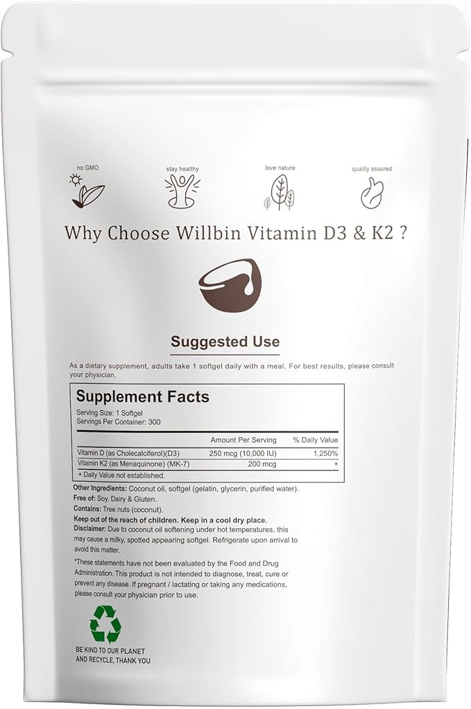 300 Pcs 2 in 1 Vitamin D3 10000 iu Plus K2 (MK-7) 200 mcg, Coconut Oil Softgels with Vitamins D & K, Supports Bone, Heart & Immune Health - Easy to Swallow & Non-GMO