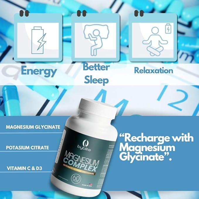 Magessium Complex/Helping Sleep and Relaxation/Glycinate 800 mg/Potassium Advanced Formula May Help Health and wellbing/Citrate Fast absortion/can Help for Cardiovascular Health, byblite