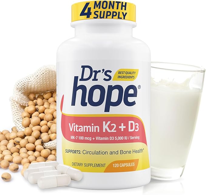Vitamin K2 D3-100mcg of Vitamin K2 (as MK-7) and 125mg (5,000iu) of Vitamin D3, K2 D3 Vitamin Supplement Supports Healthy Bones and Circulation, Vitamin D3 K2 120 Capsules
