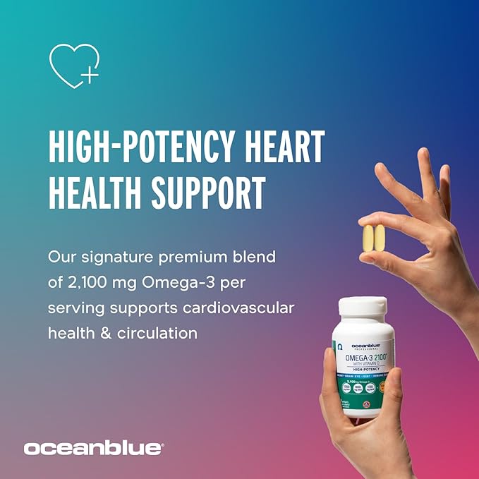 Oceanblue Professional Omega-3 2100 with Vitamin D3 – 60 ct – Triple Strength Burpless Fish Oil Supplement with High-Potency EPA, DHA, DPA and Vitamin D3 – Wild-Caught – Orange Flavor (30 Servings)