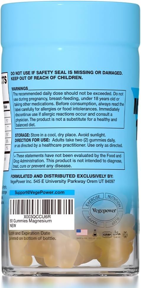 Magnesium Gummies for Kids & Adults, Magnesium Citrate Supplements for Sleep, Muscle/Bone and Relaxation, Chewable Magnesio, Mango | 60 Vegan Bears