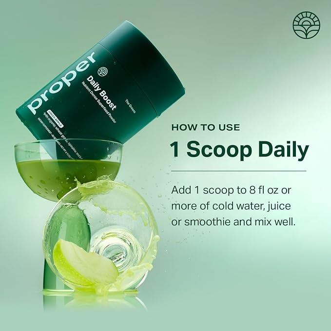 Proper, The Greens Daily Boost Organic Greens Powder. Whole Food, Apple Flavor Veggie Powder Superfood with Wheatgrass, Spirulina, Chlorella, Probiotics. Daily Drink Mix for Wellness and Digestion