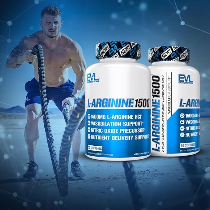 Evlution Nutrition Nitric Oxide Booster L-Arginine Supplement - High Potency Nitric Oxide Supplement with 1500mg of L Arginine HCL for Enhanced Pumps Energy Muscle Growth and Vascularity NO Booster
