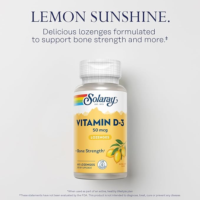 SOLARAY Vitamin D3 Lozenges 50mcg - 2000IU D3 Vitamin - Strong Bones, Muscle and Immune Support - Natural Lemon Flavor - Lab Verified, 60-Day Guarantee - 60 Servings, 60 Lozenges
