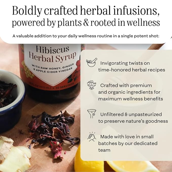 Hany's Harvest Hibiscus Ginger Herbal Syrup – 16 fl oz | All-Natural Wellness Tonic, Apple Cider Vinegar, Ginger, Hibiscus & Lemon | Non-GMO, Gluten-Free, Handcrafted