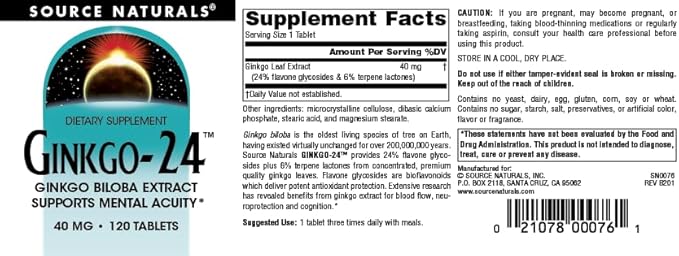 Source Naturals Ginkgo-24 - Ginkgo Biloba Extract Supports Mental Acuity* - 40 mg, 120 Tablets