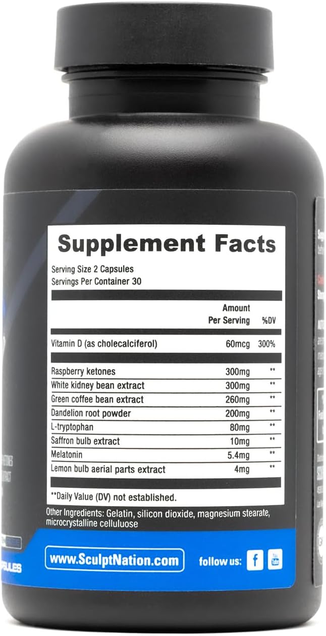 Sculpt Nation by V Shred Burn PM - Night Time Fat Burner - Appetite Suppressant and Weight Loss Support - Raspberry Ketones, Green Coffee Bean Extract, Melatonin - 60 Gluten Free Capsules