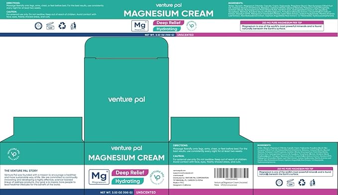 Venture Pal Magnesium Lotion, Topical Magnesium Cream for Sleep, Leg Cramps & Pain, Muscle Relaxation, Calm, Moisturizing Supplement with Coconut Oil, Shea Butter & Hyaluronic Acid, Safe for Kids