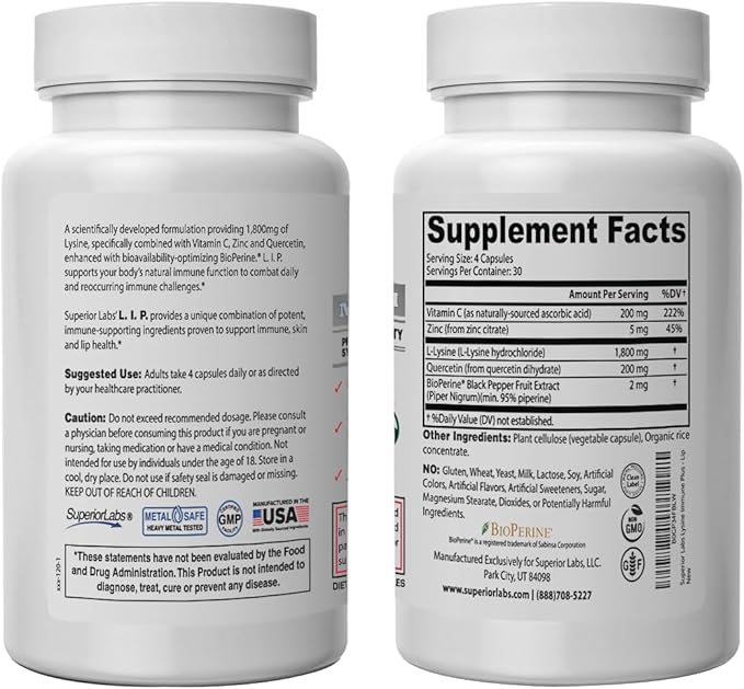 Superior Labs Lysine Immune Plus - Lip. Clinically Proven Lip Health & Support. L-Lysine Bound to HCI for Optimal Stability & Absorption for Fast Results. Bioactive with Zero Harmful Additives