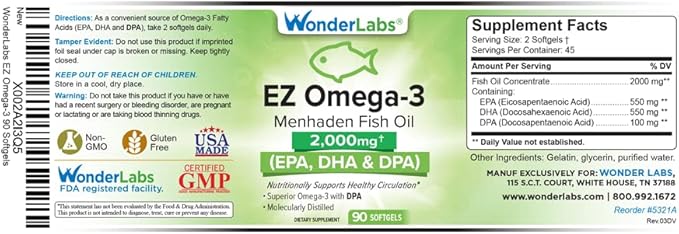 Atlantic Menhaden Fish Oil Omega-3 2000 mg, Burpless, Made in The USA, Perfect Balance of EPA+ DHA + DPA 90 Softgels