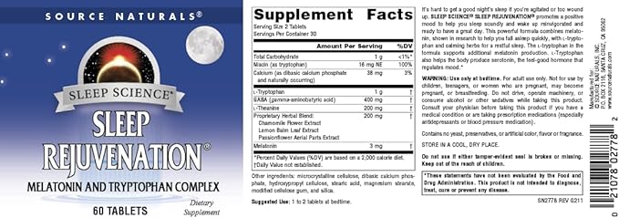 Source Naturals Sleep Science Sleep Rejuvenation, Melatonin and Tryptophan Complex for Restful Sleep Support* - 60 Tablets