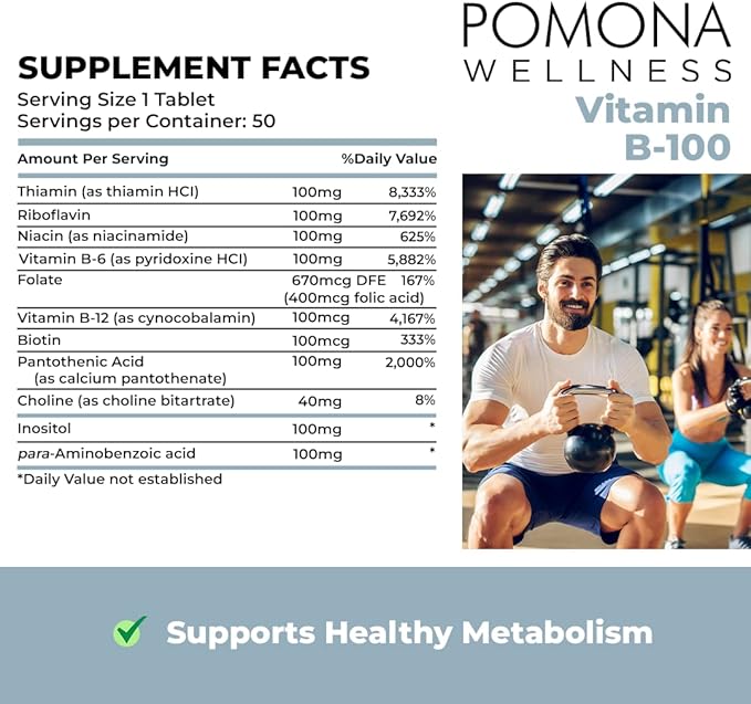 Pomona Wellness Vitamin B Complex Supplement with Folic Acid, High Potency Multivitamin, All 10 B Vitamins Including B12, Supports Energy Levels, Heart Health, Non-GMO, 50 Tablets