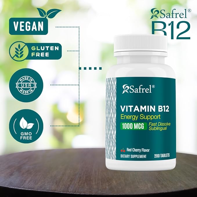 Safrel Vitamin B12 1000 mcg, 200 Fast Dissolve Tablets, Easy to Take Sublingual B12 Cherry Flavor, 200 Day Supply