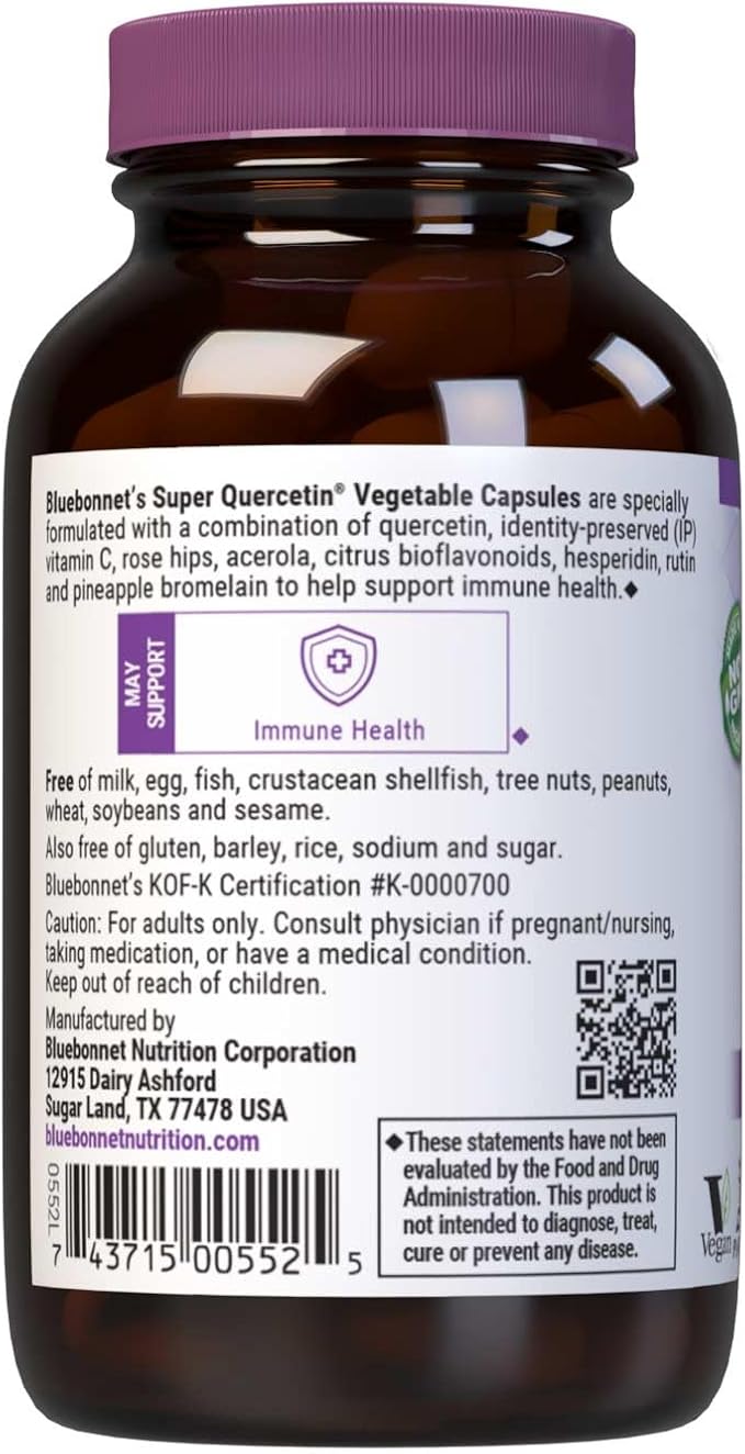 Bluebonnet Nutrition Super Quercetin Vegetable Capsules, Vitamin C Formula, Best for Seasonal & Immune Support, Non GMO, Gluten Free, Soy Free, Milk Free, Kosher, 60 Vegetable Capsules