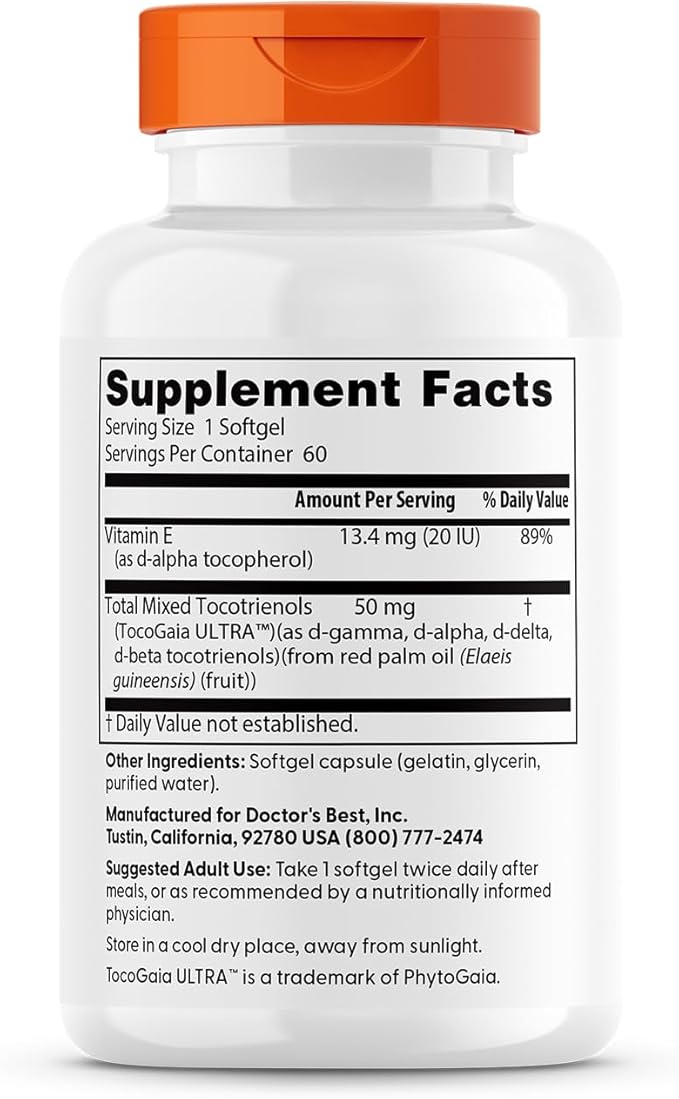 Doctor's Best Vitamin E Tocotrienols contains TocoGaia ULTRA™ bioenhanced full spectrum vitamin E complex, 60 Count