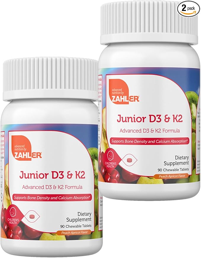 Zahler - Junior Vitamin D3 + K2 Chewable Tablets for Kids| Vitamin D for Kids 2000 IU | Delicious Vitamin D K2 Chews to Support Healthy Bones & Teeth - Kosher, Less Sugar Than Gummies (2 Pack)