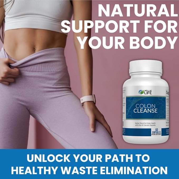Well of Life: Colon Cleanse: Aloe Vera, Cascara Sagrada, Rhubarb Root, Bentonite. Helps in Digestion, Helps Relieves Constipation. 700mg | 60 Vegetarian Capsules. Vegan, Non-GMO. USA-Made.