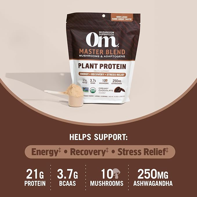 OM MUSHROOM SUPERFOOD Master Blend Creamy Chocolate Protein Powder, 16 Servings, Plant-Based with 10 Mushroom Complex for Recovery & Energy