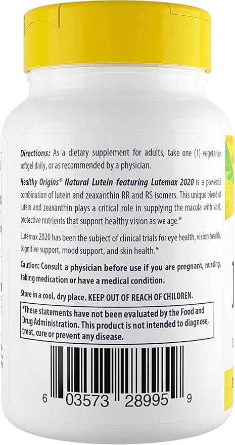 Healthy Origins Lutein 20 mg (Lutemax 2020 with Zeaxanthin, Non-GMO, Vegan, Eye Support), 60 Veggie Gels
