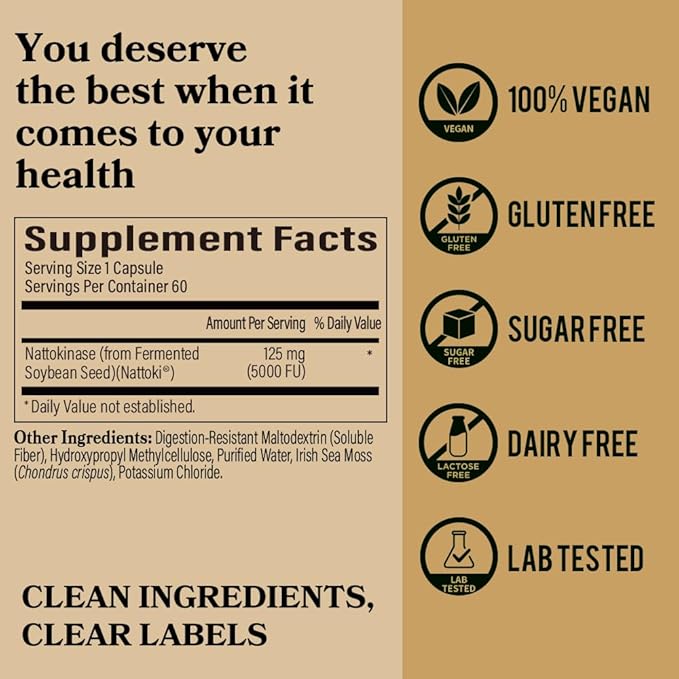 DAIKEN Nattokinase 5,000 FU, High Potency Nattokinase Supplement, Non-GMO & Vegan, Lab Tested, 60 Capsules (Pack of 2)