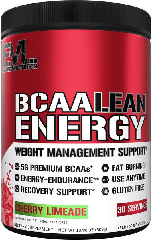 EVL BCAA Lean Energy Powder - Pre Workout Green Tea Fat Burner Support with BCAAs Amino Acids and Clean Energizers - Post Workout Recovery Drink for Lean Muscle Recovery - Cherry Limeade