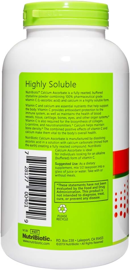 NutriBiotic - Calcium Ascorbate Vitamin C Powder, 16 Oz | Essential Antioxidant & Collagen Supplement Buffered with Calcium | Non-Acidic & Easier on Digestion Than Ascorbic Acid | Gluten & GMO Free
