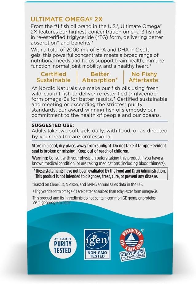 Nordic Naturals Ultimate Omega 2X, Lemon Flavor - 180 Soft Gels - 2150 mg Omega-3 - High-Potency Fish Oil with EPA & DHA - Promotes Brain & Heart Health - Non-GMO - 90 Servings