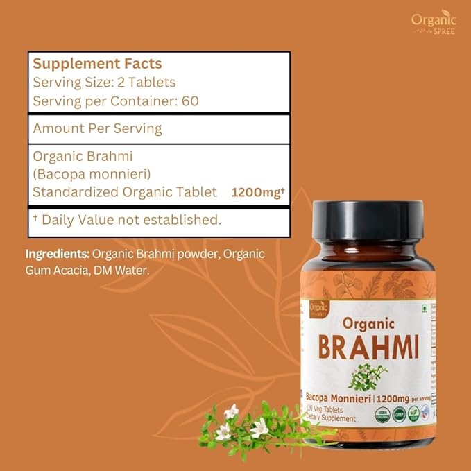 BRAHMI 120 Tablets | Bacopa Monnieri (Brahmi) | USDA Organic Certified | Organic and Natural 120tab - Pack of 2