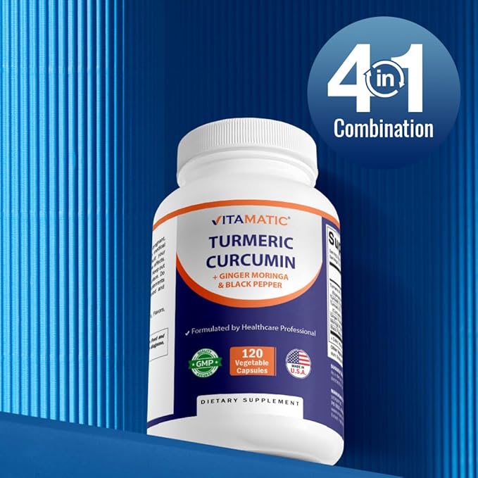 Vitamatic Turmeric Curcumin Supplement 3000 mg Equivalent Per Serving, Made with 95% Curcuminoids, Black Pepper, Ginger, Moringa, 120 Vegetable Capsules, Non-GMO, Gluten Free (120 Capsules)