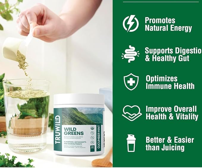 TruWild Greens Superfood Juice Powder, with 22+ Greens & Anti-Oxidants, Delicious Green Juice Powder, Natural Immune, Stress, Digestion Support, 30 Servings Per Tub (Cucumber Mint)