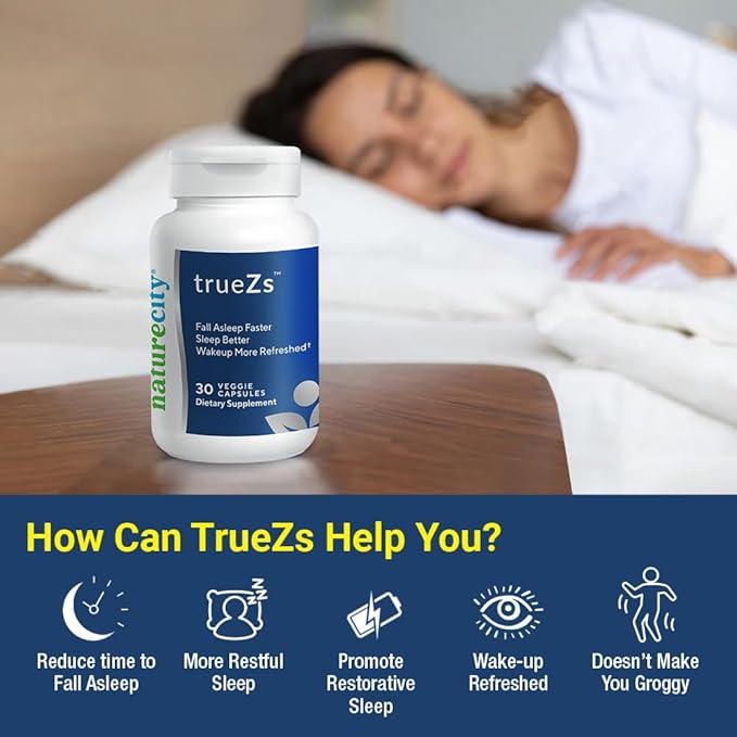 NatureCity TrueZs Melatonin-Free Natural Sleep Aids for Adults - Ashwagandha, L-Theanine, and Saffron Powder Sleep Pills to Support Falling and Staying Asleep (30 Veggie Capsules)