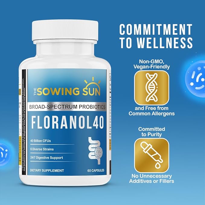 Floranol40 Probiotic Supplement for Gut Support, 6 Diverese Strains for Healthy Gut Flora, with Lactobacillus, Bifidobacterium, Fructooligosaccharide & Marine Polysaccharide Complex 60 Capsules (1)