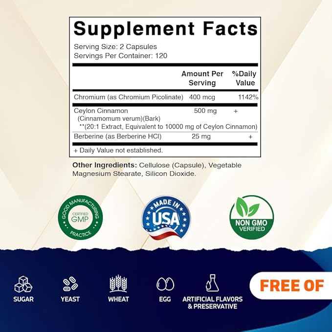 Vitamatic Ceylon Cinnamon 10000 mg Equivalent Per Serving (from 20:1 Extract 500 mg) with Berberine & Chromium - 240 Vegetable Capsules - Non-GMO & Gluten Free