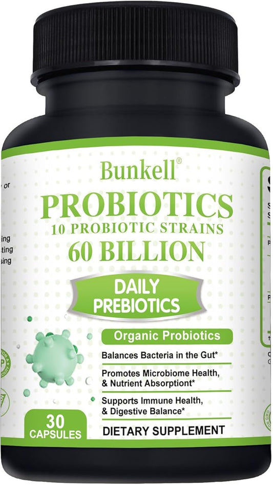Probiotics 60 Billion CFU 10 Strains, with Organic Probiotic for Digestive & Gut, Immune, Bloating Health, Daily Probiotics Supplement for Women & Men, Non-GMO, Gluten Free, 30 Capsules