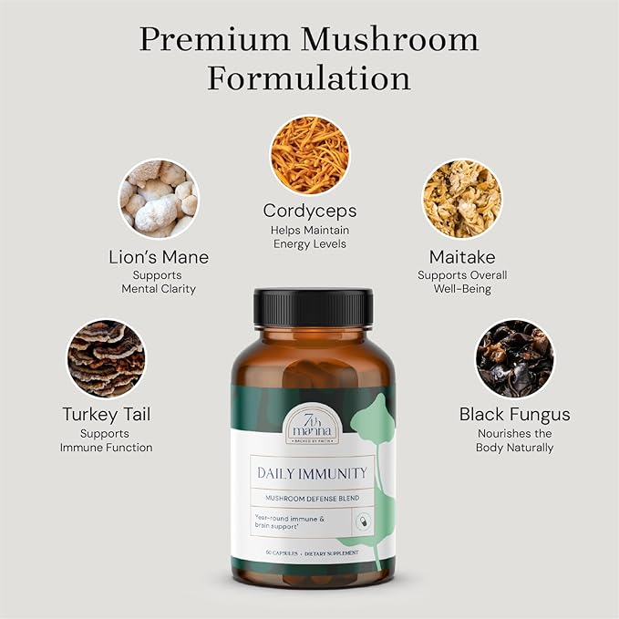 Daily Immunity - Mushroom Supplement Capsules with Lion’s Mane, Turkey Tail, Cordyceps, Reishi - Brain Support, Focus, Energy & Immune Booster - 60 Ct